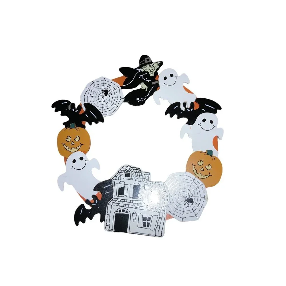 Halloween Wooden Door Wreath With Witch Ghosts & Spider Webs